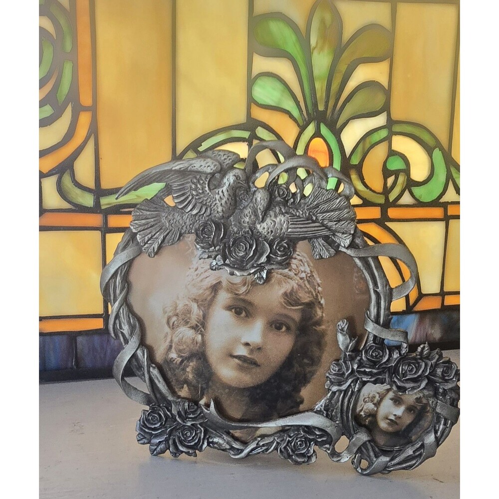 Vintage Double Roses & Birds Pewter Double Frame Victorian Style